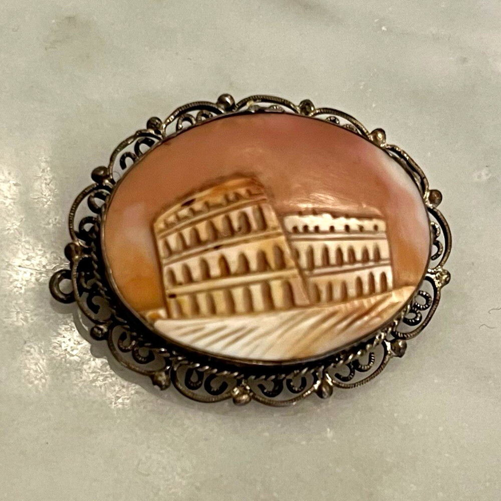 VTG sterling silver shell cameo of colosseum. Acid tested. Brooch and pendant